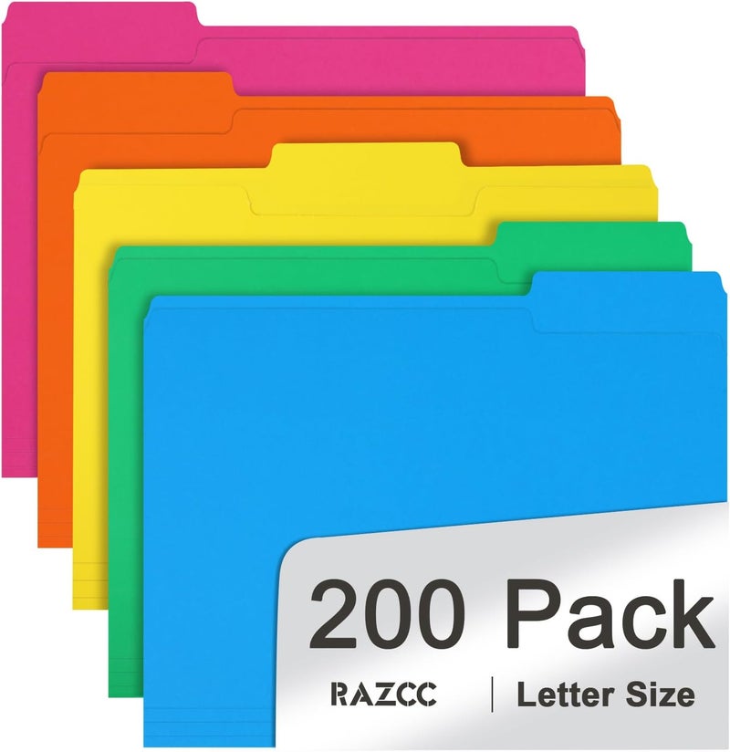 RAZCC File Folder, 200 Pack 1/3 Cut Tab Colored Folders, Colored File Folder Letter Size for Office Classroom Use, Folders with Tabs Assorted 5 Colors - Image 1